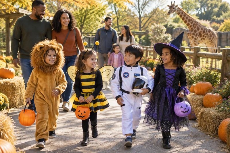 Illustration: Kids in Halloween costumes (lion, bee, astronaut, witch) walking along a zoo path lined with pumpkins and hay bales, a giraffe in the background, families smiling, sunny fall day