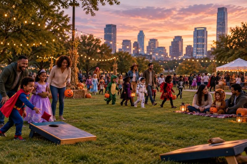Illustration: A downtown park lawn at dusk with string lights, families and kids in costumes playing lawn games, a costume parade, city skyline in the background