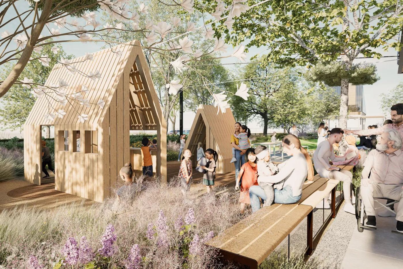 Rendering of Greenside's garden: kids playing in and around two wooden A-frame playhouses among flowering trees, while parents sit on long benches nearby.